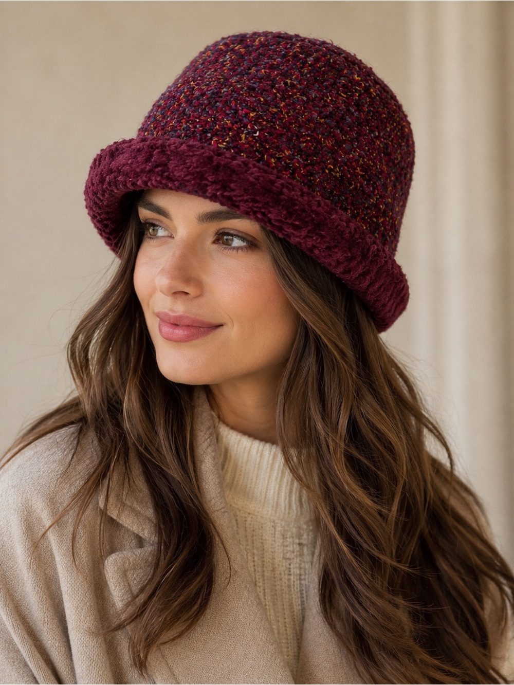 Nordstrom Multicolor Bouclé Knit Cloche Hat Burgundy One Size Made in Italy